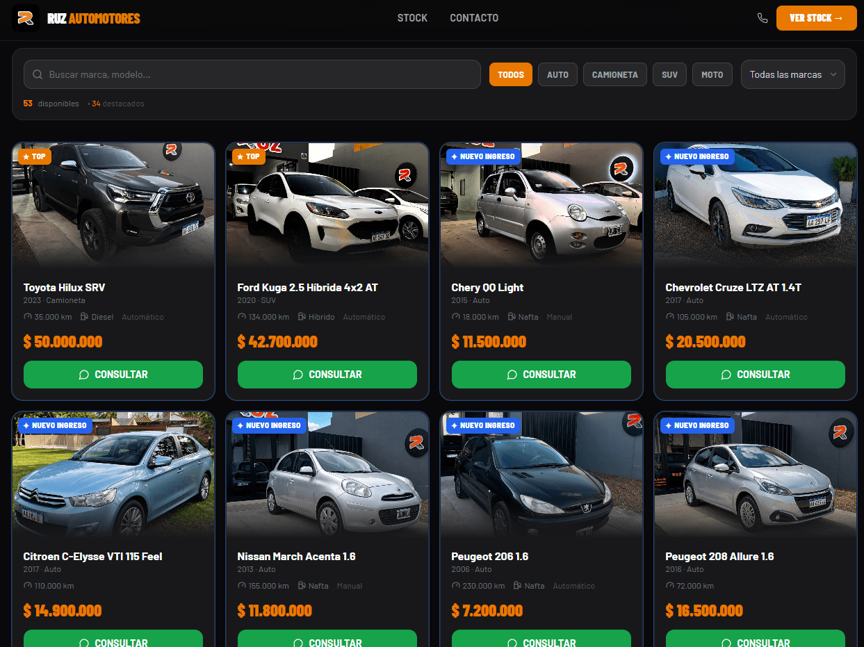 Catálogo web de Ruz Automotores: buscador, filtros por tipo y marca, y fichas de cada vehículo con foto, kilometraje, precio y botón de consulta